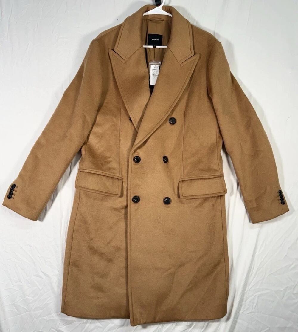 Express Men's Camel Wool Blend Double-Breasted Overcoat NotchCollar Lined Size M